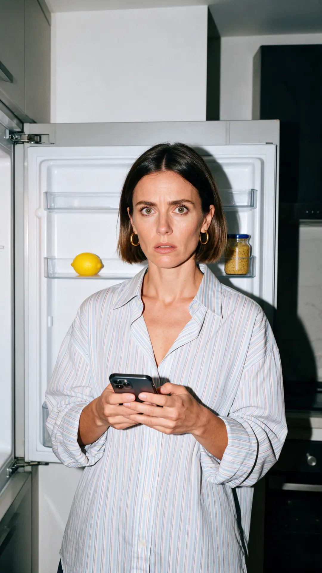 A woman in front of an open, nearly empty fridge, phone in hand, guests due tonight.